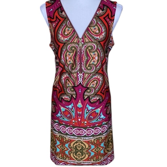 MSK Multi Color Paisley Print Zipper Detail Sleeveless Shift Midi Dress Size M - Picture 1 of 12
